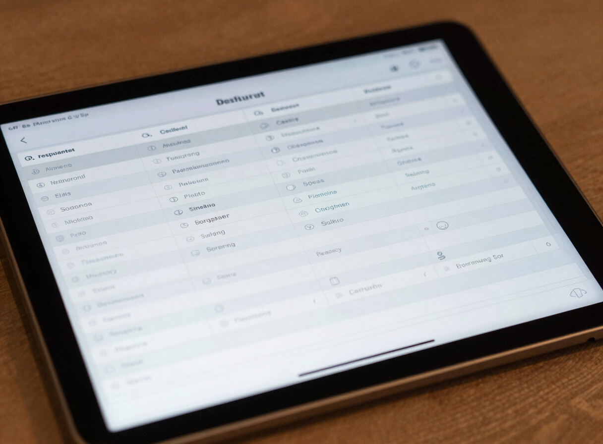 Close-up of a tablet screen showing a restaurant order management dashboard mid-transaction — table layout grid visible, item list open, neutral studio lighting, no shadows, interface fully legible