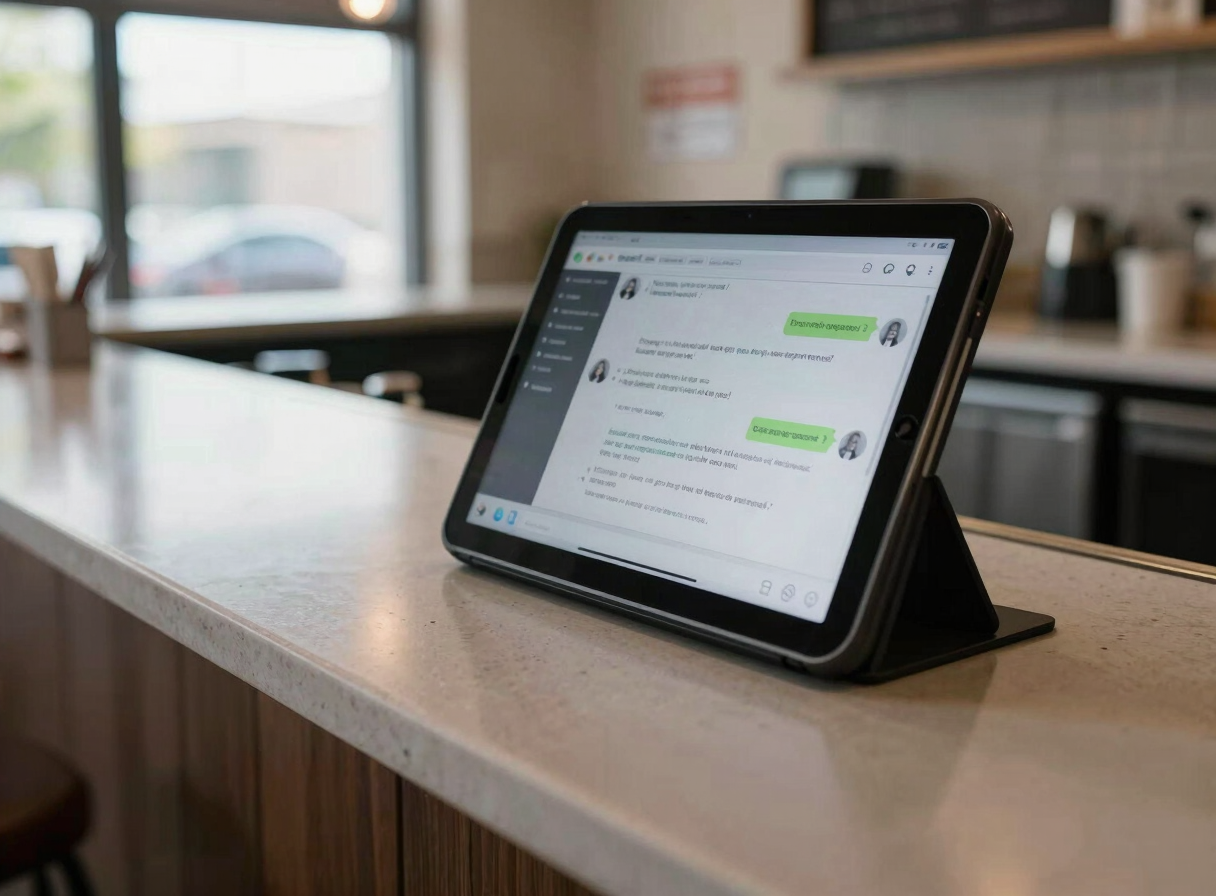 Wide environmental shot of a restaurant counter station, tablet mounted showing an active chat interface with automated responses visible on screen, daylight coming through windows to the left, no people present, operational context clear