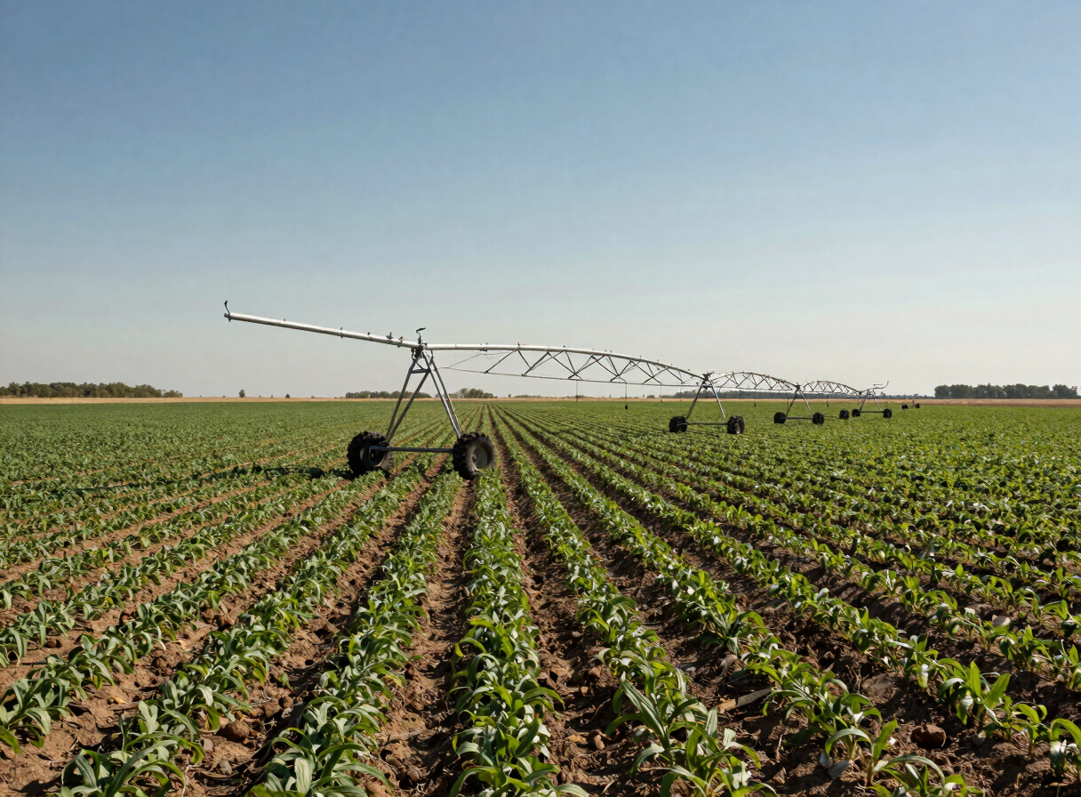 Wide environmental shot of an agribusiness field operation — irrigation infrastructure and crop rows extending to horizon under clear daylight, no people, scale and precision in frame