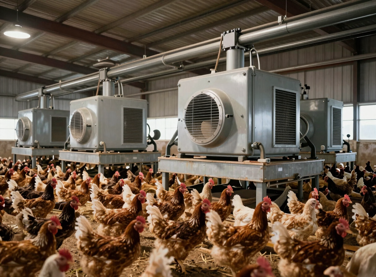 Wide shot of a large-scale poultry barn interior — rows of ventilation equipment and infrastructure under industrial lighting, operational scale visible, no animals in foreground focus, daylight entering from side panels