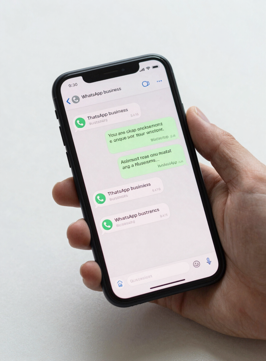 Close-up wide shot of a hand holding a smartphone displaying a WhatsApp business chat interface with automated bot responses visible on screen, neutral shadowless studio lighting, clean white surface beneath, interface text legible, no decorative elements