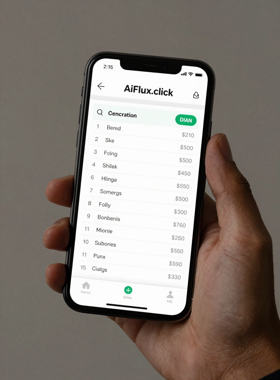 Close-up of a hand holding a smartphone displaying the AiFlux.click order confirmation screen — a clean dashboard interface showing table number, itemized order, and DIAN invoice status indicator, shot on neutral studio background with shadowless lighting, screen fully legible