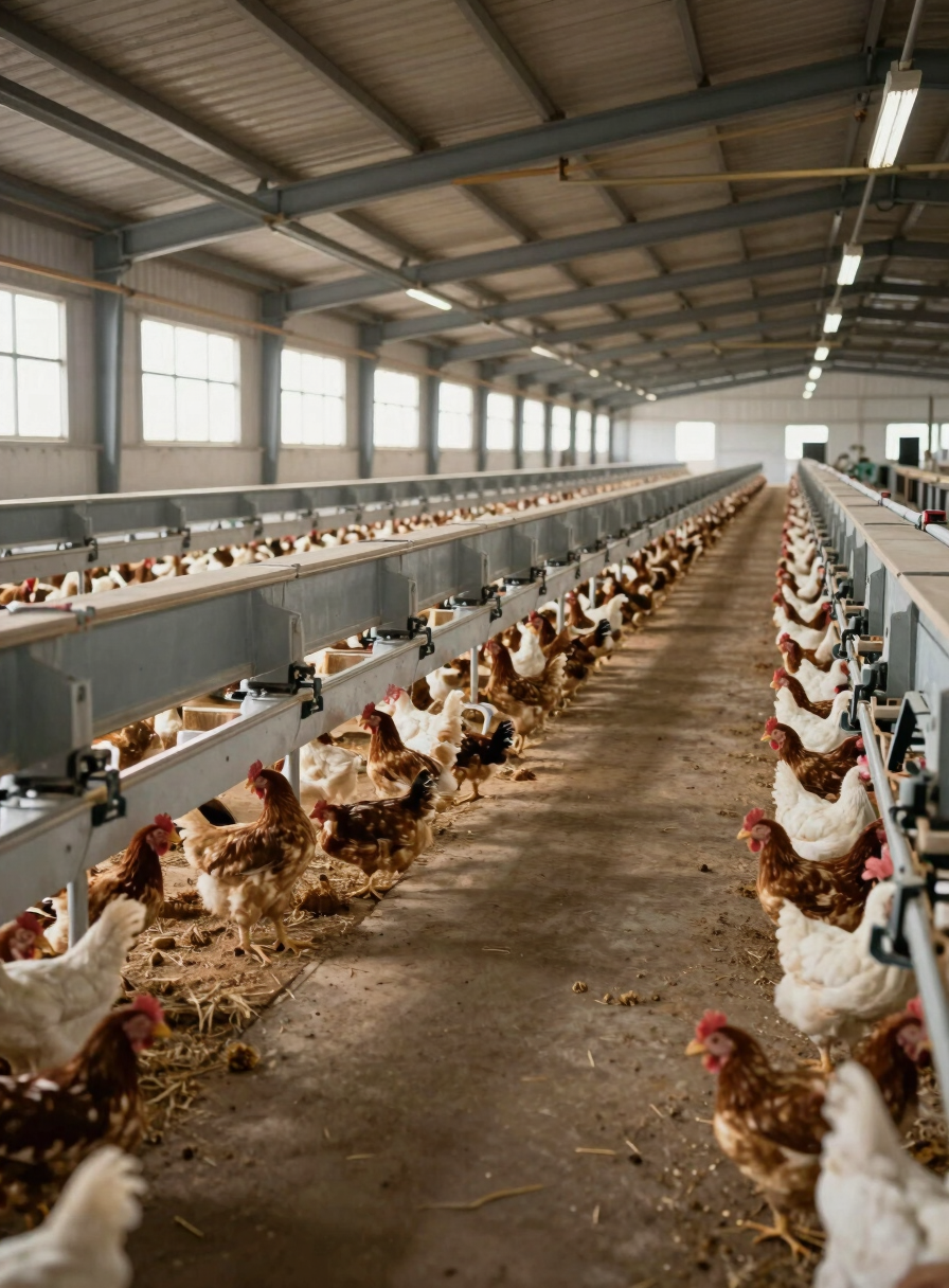 Wide panoramic interior of a large-scale poultry barn stretching deep into the frame, rows of automated feeders and drinkers running parallel under industrial lighting, infrastructure at scale — no animals romanticized, the machinery and structure are the subject. Daylight filtering through ventilation panels on the left wall, neutral shadowless zones on the floor.