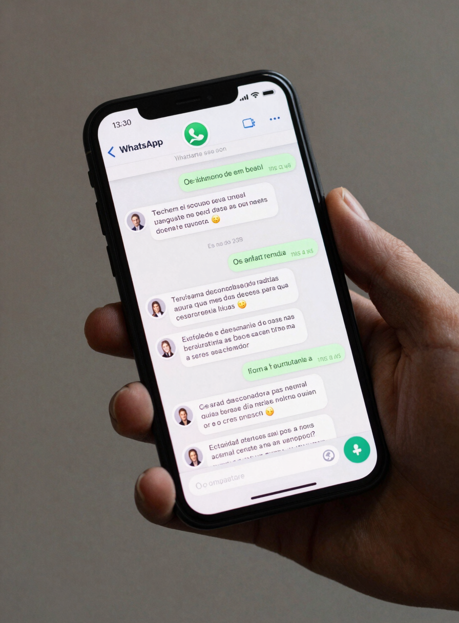 Close-up of a hand holding a smartphone displaying a WhatsApp business chat interface mid-conversation, neutral studio lighting, shadowless background, screen fully legible showing automated bot replies in Spanish