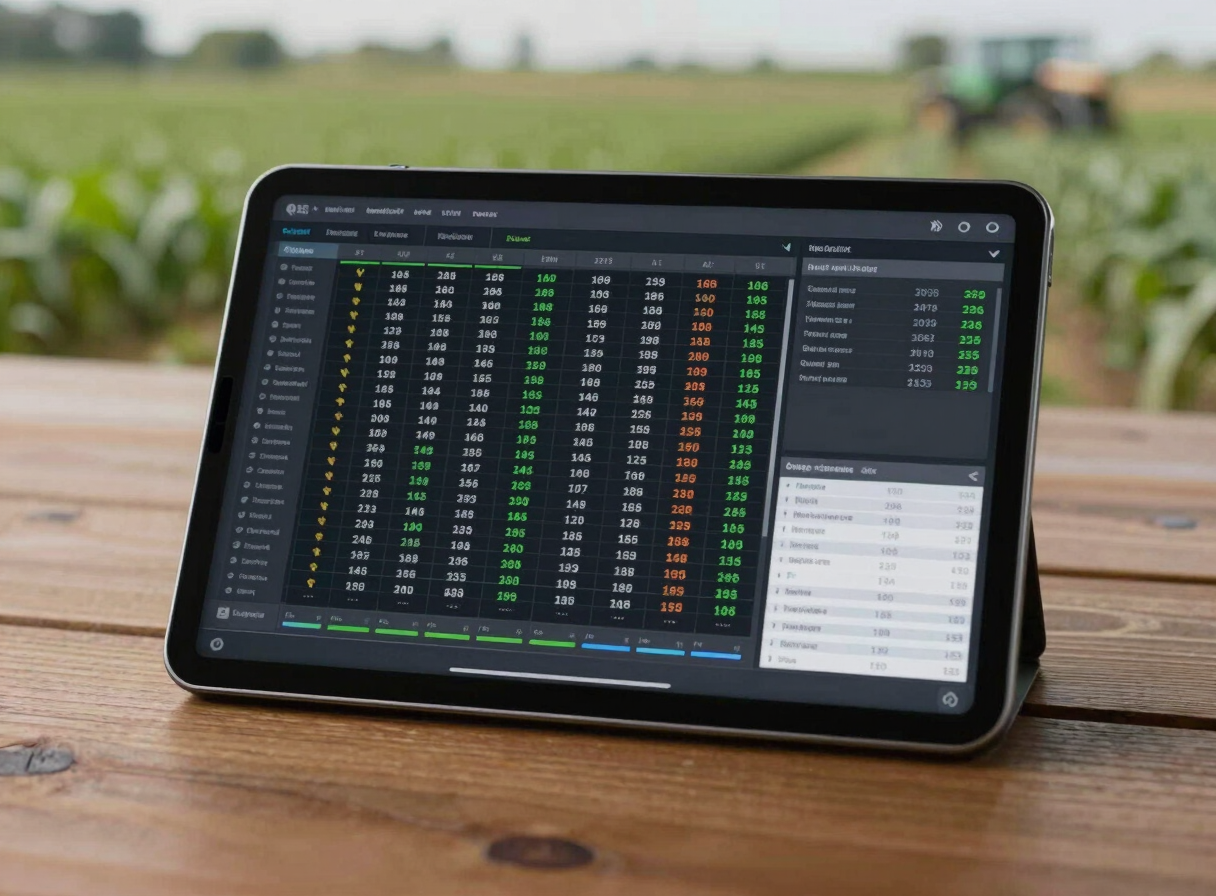 Wide shot of an agricultural operations dashboard on a tablet screen, placed flat on a wooden field desk — rows of crop cycle data, yield figures, and input logs visible on the interface under neutral studio lighting with no shadows, screen fully legible