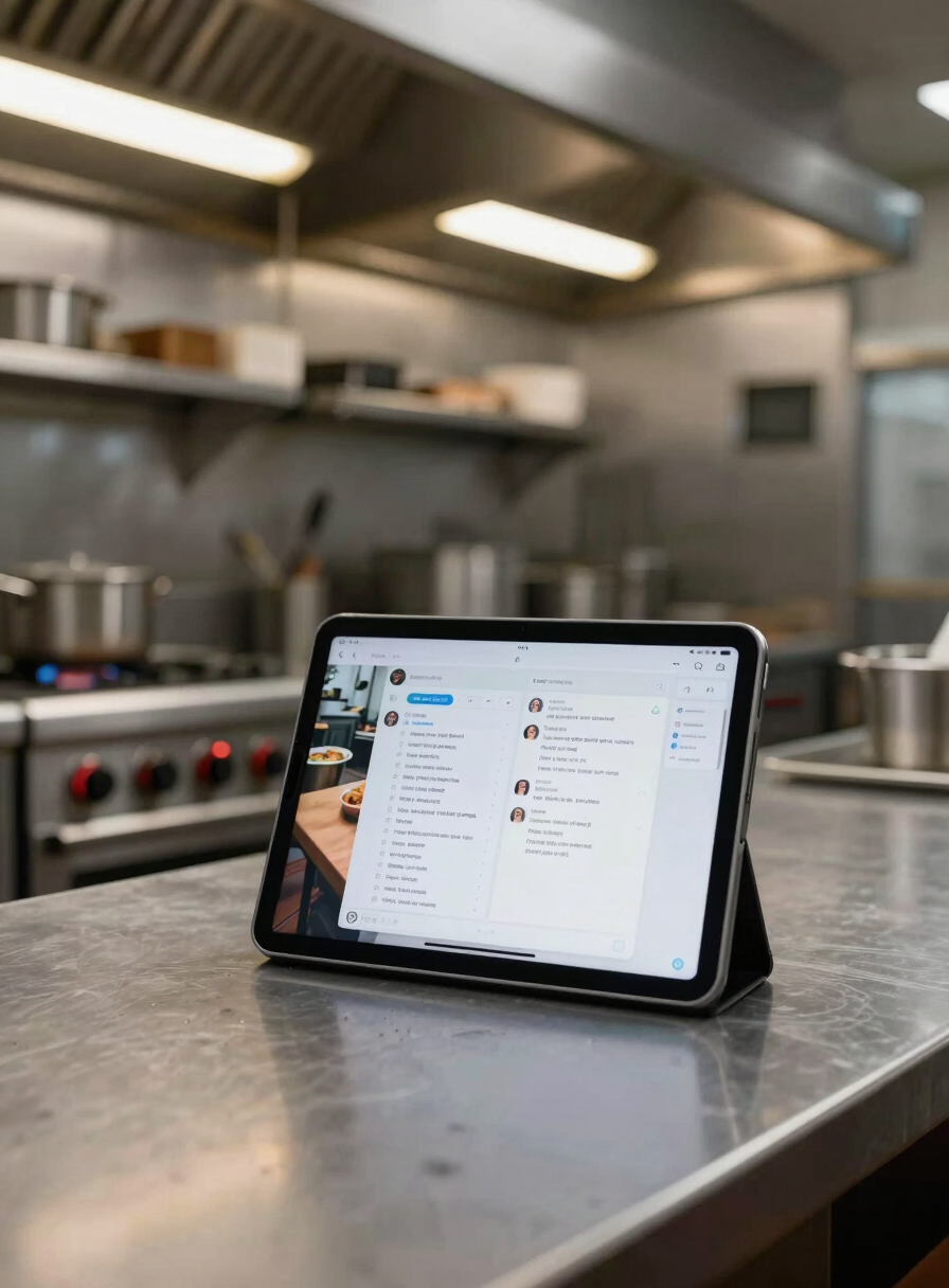 Wide operational shot of a restaurant kitchen pass — a tablet mounted on the counter displays a live AI chat interface mid-conversation with a table order, burners active in the background, overhead fluorescent lighting, neutral shadowless framing of the screen, real kitchen infrastructure visible
