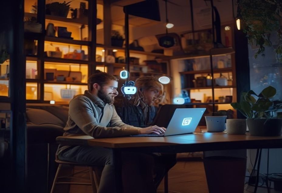 Dueño de pyme usando un chatbot con IA para atender clientes de noche