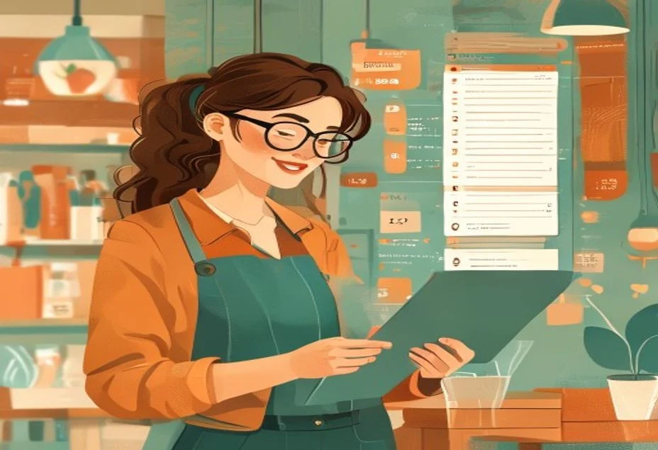 Propietaria de pyme aplicando estrategias de GEO generative engine optimization con una lista de acciones en tablet